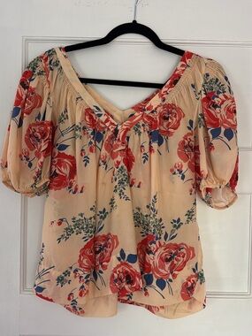 THE GREAT. Peach Floral Blouse with Red & Blue Blooms